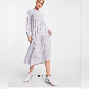 ASOS Purple and White Smocked Midi Dress with Bishop Sleeves